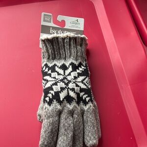 Isotoner Gray Knit Gloves with Black Snowflake Design